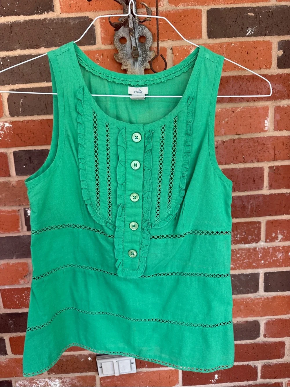 Anthropologie Emerald Green Crochet-Trim Sleeveless Button Tank